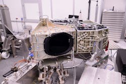 FIGURE 3. The ZONDA hexapod from Sym&eacute;trie has high thermal stability because of the integration of Invar material and linear absolute encoders and is often used to calibrate space optical instruments; this image shows work completed for OHB Systems AG, prime contractor for EnMAP, who is under contract to the German Aerospace Center (DLR) with funding from the German Ministry for Economic Affairs and Energy (Bundesministerium f&uuml;r Wirtschaft und Energie) under reference number 50 EP 0801.