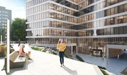 FIGURE 3. Semitransparent perovskite solar cells are easily integrated into building façades to generate electricity. FIGURE 3. Semitransparent perovskite solar cells are easily integrated into building façades to generate electricity.