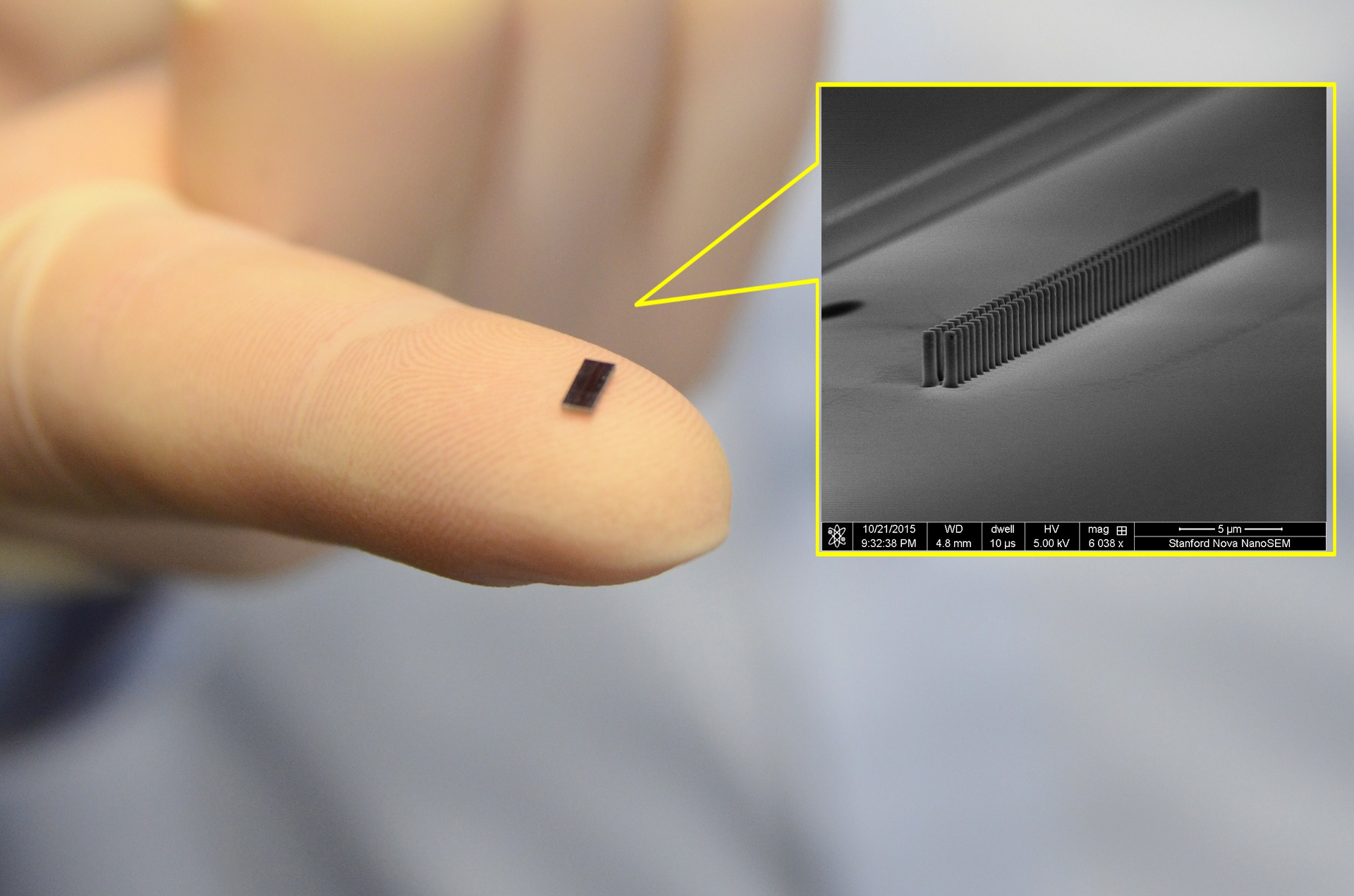 A laser-driven electron accelerator chip made up of two parallel rows of nanopillars is shown on the tip of a finger along with an electron microscope image of the chip.