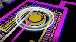 An all-silicon intrachip optocoupler, made with standard CMOS techniques, is shown in this concept drawing. The round structure is the SPAD photodetector; the light source, an AMLED, has the shape of a horseshoe.