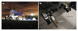 FIGURE 1. Experiments made use of NASA&rsquo;s K-REX2 rover, pictured here night testing in the Roverscape (a). The virtual bumper setup comprises a multi-dot laser projector and camera mounted on the leading edge of the rover (b).