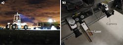 FIGURE 1. Experiments made use of NASA’s K-REX2 rover, pictured here night testing in the Roverscape (a). The virtual bumper setup comprises a multi-dot laser projector and camera mounted on the leading edge of the rover (b). FIGURE 1. Experiments made use of NASA’s K-REX2 rover, pictured here night testing in the Roverscape (a). The virtual bumper setup comprises a multi-dot laser projector and camera mounted on the leading edge of the rover (b).