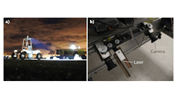 FIGURE 1. Experiments made use of NASA&rsquo;s K-REX2 rover, pictured here night testing in the Roverscape (a). The virtual bumper setup comprises a multi-dot laser projector and camera mounted on the leading edge of the rover (b).