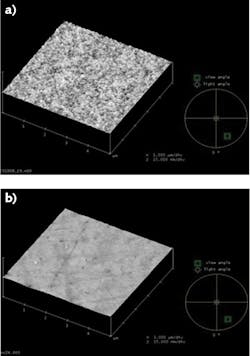 FIGURE 2. An atomic-force microscope (AFM) image of traditional superpolished surface (a) and an AFM image of an EO ultralow-roughness surface (b).