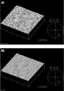 FIGURE 2. An atomic-force microscope (AFM) image of traditional superpolished surface (a) and an AFM image of an EO ultralow-roughness surface (b). FIGURE 2. An atomic-force microscope (AFM) image of traditional superpolished surface (a) and an AFM image of an EO ultralow-roughness surface (b).