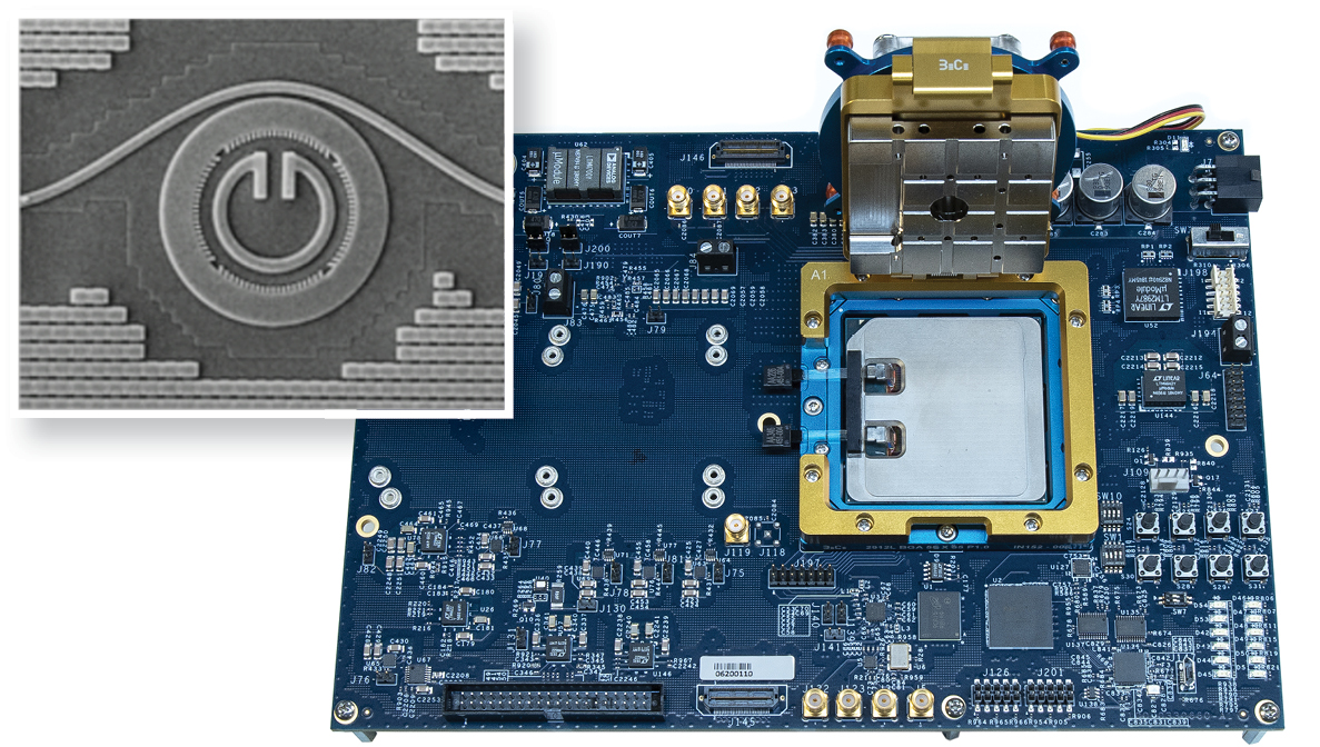An advanced FPGA board developed by Intel and Ayar Labs replaces copper pins with lightning-speed photonic silicon components that cost pennies per chip; a 10-&micro;m-diameter microring resonator integrated monolithically into a silicon chip (inset) modulates optical phase of the signal and acts as a drop port, helping to solve the bandwidth/energy/distance tradeoff.
