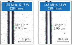 FIGURE 7. PET polymer cutting results with a Spectra-Physics IceFyre high-power UV picosecond laser. With increasing laser PRF, HAZ was reduced with no loss of cutting speed. FIGURE 7. PET polymer cutting results with a Spectra-Physics IceFyre high-power UV picosecond laser. With increasing laser PRF, HAZ was reduced with no loss of cutting speed.