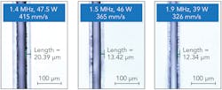 FIGURE 8. Cutting of COP with a PE protective layer using a Spectra-Physics IceFyre high-power UV picosecond laser. High repetition rates yielded lower HAZ. FIGURE 8. Cutting of COP with a PE protective layer using a Spectra-Physics IceFyre high-power UV picosecond laser. High repetition rates yielded lower HAZ.