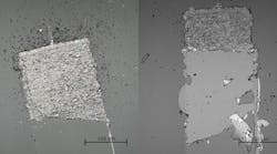 When subjected to a scanning scratch test, a HfO2 coating with a total thickness of 270 nm failed by abrasion (a), while a 969 nm thick coating delaminated (b).