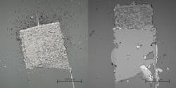When subjected to a scanning scratch test, a HfO2 coating with a total thickness of 270 nm failed by abrasion (a), while a 969 nm thick coating delaminated (b).