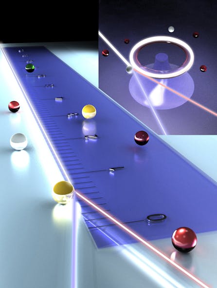 FIGURE 3. An erbium-doped glass-on-silicon microring-resonator laser created using the sol-gel method can detect and count hundreds of nanoparticles that enter its mode field.