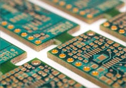 FIGURE 4. PCB panel with individual boards linked together, ready for laser depaneling process. FIGURE 4. PCB panel with individual boards linked together, ready for laser depaneling process.