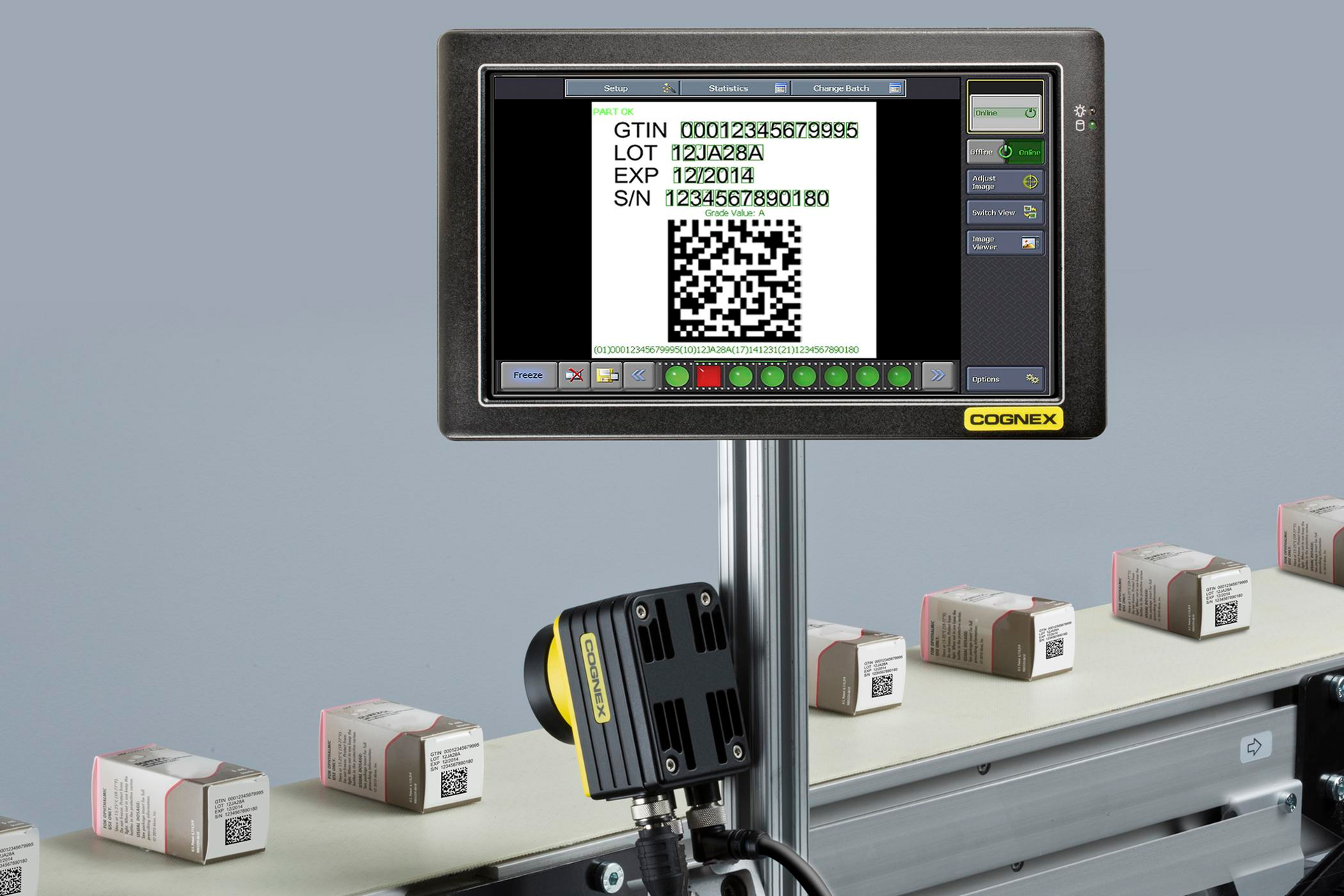 FIGURE 1. The Cognex In-Sight Track & Trace system is a machine vision suite of smart cameras and label-tracking software that meets increasing pharmaceutical industry demands for item-level drug serialization. Here, remote touchscreens monitor images of pharmaceutical codes that are read and tracked throughout the manufacturing process.