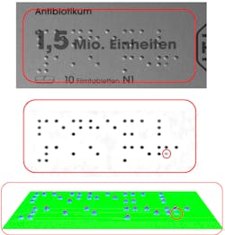 FIGURE 3. The DotScan inspection system reads Braille dots and assesses their tactile quality with high accuracy against a background of other pharmaceutical text labels using shape-from-shading (SfS) technology for 3D surface reconstruction. FIGURE 3. The DotScan inspection system reads Braille dots and assesses their tactile quality with high accuracy against a background of other pharmaceutical text labels using shape-from-shading (SfS) technology for 3D surface reconstruction.
