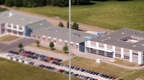 FIGURE 1. An aerial image of a building is shown with (right) and without (left) image stabilization and resolution enhancement.