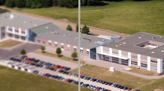 FIGURE 1. An aerial image of a building is shown with (right) and without (left) image stabilization and resolution enhancement.