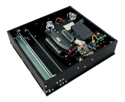 FIGURE 4. A scanning system by Nidec Copal Electronics contains a polygon laser mirror (in small black shroud) and an f-theta lens to produce linear-velocity scans; note that the f-theta lens elements can be made as thin sections of circular lens elements, as the scan itself is only one-dimensional. FIGURE 4. A scanning system by Nidec Copal Electronics contains a polygon laser mirror (in small black shroud) and an f-theta lens to produce linear-velocity scans; note that the f-theta lens elements can be made as thin sections of circular lens elements, as the scan itself is only one-dimensional.