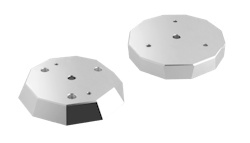 FIGURE 5. Two different types of polygon mirrors, both made by II-VI Infrared, are shown: pyramidal (left) and irregular (right); the irregular mirror has alternating facets tipped different ways to create line scans in two different locations. FIGURE 5. Two different types of polygon mirrors, both made by II-VI Infrared, are shown: pyramidal (left) and irregular (right); the irregular mirror has alternating facets tipped different ways to create line scans in two different locations.