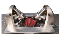 FIGURE 2. A fast 18-axis parallel photonics alignment system is based on two hexapod six-degree-of-freedom nanomanipulators and two high-speed piezo XYZ scanners for double-sided wafer probing of waveguide devices. Fully digital and closed-loop, it implements exclusion-zone capability, an internal data recorder, nanoscale-stable position-hold, and firmware-based fast scanning, modeling, and multichannel N × M gradient search capability. An application video can be found at https://youtu.be/X7zkUWo-lI8. FIGURE 2. A fast 18-axis parallel photonics alignment system is based on two hexapod six-degree-of-freedom nanomanipulators and two high-speed piezo XYZ scanners for double-sided wafer probing of waveguide devices. Fully digital and closed-loop, it implements exclusion-zone capability, an internal data recorder, nanoscale-stable position-hold, and firmware-based fast scanning, modeling, and multichannel N × M gradient search capability. An application video can be found at https://youtu.be/X7zkUWo-lI8.