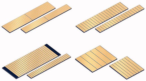 FIGURE 1. These unmounted pump laser-diode chips made by OSRAM Opto Semiconductors include high-power quasi-continuous-wave (QCW) bars (top left), low-fill-factor CW bars (top right), high-power CW bars (bottom left), and tailored mini-bars (bottom right).
