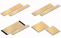 FIGURE 1. These unmounted pump laser-diode chips made by OSRAM Opto Semiconductors include high-power quasi-continuous-wave (QCW) bars (top left), low-fill-factor CW bars (top right), high-power CW bars (bottom left), and tailored mini-bars (bottom right). FIGURE 1. These unmounted pump laser-diode chips made by OSRAM Opto Semiconductors include high-power quasi-continuous-wave (QCW) bars (top left), low-fill-factor CW bars (top right), high-power CW bars (bottom left), and tailored mini-bars (bottom right).