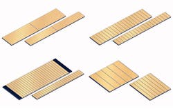 FIGURE 1. These unmounted pump laser-diode chips made by OSRAM Opto Semiconductors include high-power quasi-continuous-wave (QCW) bars (top left), low-fill-factor CW bars (top right), high-power CW bars (bottom left), and tailored mini-bars (bottom right).