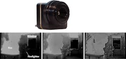 FIGURE 1. DRS’s Image Contrast Enhancement (ICE) algorithm, available on the company’s Tenum 640 (top) and other of its cameras, is based upon the company’s patented Enhanced Multiresolution Local Area Processing (emLAP); DRS says that emLAP stably preserves the maximum visual content throughout the spectrum of the original sensor output with a user-definable degree of detail enhancement (lower images). EmLAP maps wide-dynamic-range sensor data into a clear lower-dynamic-range image sequence with smooth and stable transitions, including between dramatically different scene dynamics and temperature extremes. Notice that in the typical image at left, the firefighter is almost invisible. More details are visible in the low mode at center. In the highly enhanced image at right, many more details are visible, including a building that can be seen through the open window. FIGURE 1. DRS’s Image Contrast Enhancement (ICE) algorithm, available on the company’s Tenum 640 (top) and other of its cameras, is based upon the company’s patented Enhanced Multiresolution Local Area Processing (emLAP); DRS says that emLAP stably preserves the maximum visual content throughout the spectrum of the original sensor output with a user-definable degree of detail enhancement (lower images). EmLAP maps wide-dynamic-range sensor data into a clear lower-dynamic-range image sequence with smooth and stable transitions, including between dramatically different scene dynamics and temperature extremes. Notice that in the typical image at left, the firefighter is almost invisible. More details are visible in the low mode at center. In the highly enhanced image at right, many more details are visible, including a building that can be seen through the open window.