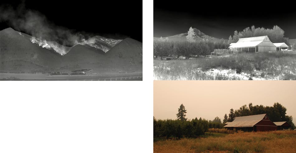 FIGURE 6. An image of the 2017 Eagle Creek Fire in Oregon taken with a Sierra-Olympic LWIR camera clearly shows the fire&apos;s hotspots (a). A LWIR image compared with a visible-light image of the same scene highlights the ability of LWIR to see through smoke (b).