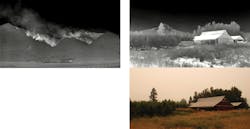 FIGURE 6. An image of the 2017 Eagle Creek Fire in Oregon taken with a Sierra-Olympic LWIR camera clearly shows the fire's hotspots (a). A LWIR image compared with a visible-light image of the same scene highlights the ability of LWIR to see through smoke (b). FIGURE 6. An image of the 2017 Eagle Creek Fire in Oregon taken with a Sierra-Olympic LWIR camera clearly shows the fire's hotspots (a). A LWIR image compared with a visible-light image of the same scene highlights the ability of LWIR to see through smoke (b).