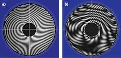 FIGURE 2. With an interferometer, surface heights and transmission errors are determined from a series of interference patterns. The image in (a) shows an interference pattern for a thick glass disk. For a thin, transparent disk, however, both disk surfaces cause interference, resulting in the complex interference pattern (b).