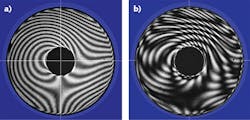FIGURE 2. With an interferometer, surface heights and transmission errors are determined from a series of interference patterns. The image in (a) shows an interference pattern for a thick glass disk. For a thin, transparent disk, however, both disk surfaces cause interference, resulting in the complex interference pattern (b). FIGURE 2. With an interferometer, surface heights and transmission errors are determined from a series of interference patterns. The image in (a) shows an interference pattern for a thick glass disk. For a thin, transparent disk, however, both disk surfaces cause interference, resulting in the complex interference pattern (b).