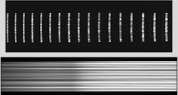 FIGURE 4. Lens optics designed for aberration correction enable improved imaging quality; images of a 19 × 200 µm fiber array of 880 nm line (top) and an image of a 19 × 200 µm fiber array with a broadband light source (bottom) are shown. FIGURE 4. Lens optics designed for aberration correction enable improved imaging quality; images of a 19 × 200 µm fiber array of 880 nm line (top) and an image of a 19 × 200 µm fiber array with a broadband light source (bottom) are shown.