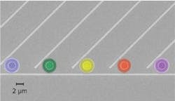 FIGURE 1. A silicon-on-insulator (SOI) microdonut optical-resonator array is demonstrated for on-chip spectroscopy. Each portion of the input spectrum is picked up by an individual resonator. The difference of the outer radii of the fabricated optical resonators is only 1 nm, such that a resolution of 0.6 nm is achieved. FIGURE 1. A silicon-on-insulator (SOI) microdonut optical-resonator array is demonstrated for on-chip spectroscopy. Each portion of the input spectrum is picked up by an individual resonator. The difference of the outer radii of the fabricated optical resonators is only 1 nm, such that a resolution of 0.6 nm is achieved.