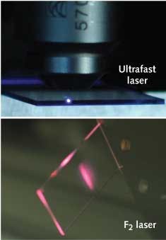 FIGURE 2. Images of fused silica glass contrast the bluish white photoluminescence induced by a focused femtosecond near-IR pulsed laser (top) and the red photoluminescence from a large area fluorine (F2) DUV laser beam (bottom). Self-trapped excitons play a significant role in the high-intensity multi-photon excitation, while non-bridging oxygen hole centers dominate in the F2 laser excited spectrum. FIGURE 2. Images of fused silica glass contrast the bluish white photoluminescence induced by a focused femtosecond near-IR pulsed laser (top) and the red photoluminescence from a large area fluorine (F2) DUV laser beam (bottom). Self-trapped excitons play a significant role in the high-intensity multi-photon excitation, while non-bridging oxygen hole centers dominate in the F2 laser excited spectrum.