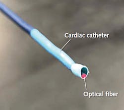 This catheter contains a 1-mm-diameter optical fiber that pipes laser pulses at a 750 nm wavelength to the heart region to perform photoacoustic imaging. The pulses each have an energy of 2.98 mJ at the fiber tip; repetition rate is 600 Hz.
