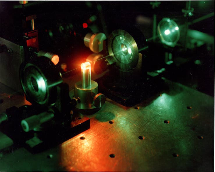 FIGURE 2. Ti:sapphire being pumped by an argon-ion laser by Peter Moulton at MIT Lincoln Laboratory.