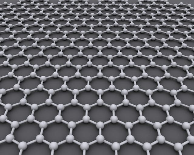 FIGURE 1. Ideal structure of graphene is a single-layer hexagonal grid of carbon atoms, each bonded to its three nearest neighbor, shown here in a chemical model.