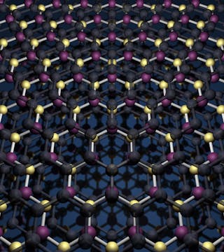 Heterostructure showing two layers of graphene (black spheres) separated by one layer of boron nitride (colored spheres).