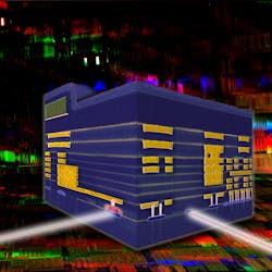 FIGURE 1. Magnified view of IBM silicon nanophotonic chip fabricated with 90 nm technology. The red feature at the left side of the cube is a germanium detector fabricated on silicon. The blue feature at right with the beam entering it is the modulator. Yellow areas are conductors. The small red dots at lower right are silicon transistors. FIGURE 1. Magnified view of IBM silicon nanophotonic chip fabricated with 90 nm technology. The red feature at the left side of the cube is a germanium detector fabricated on silicon. The blue feature at right with the beam entering it is the modulator. Yellow areas are conductors. The small red dots at lower right are silicon transistors.