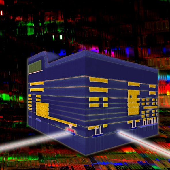 FIGURE 1. Magnified view of IBM silicon nanophotonic chip fabricated with 90 nm technology. The red feature at the left side of the cube is a germanium detector fabricated on silicon. The blue feature at right with the beam entering it is the modulator. Yellow areas are conductors. The small red dots at lower right are silicon transistors.