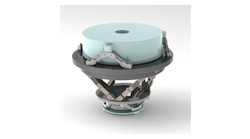 In a computer-generated image, two aspherical EUV mirrors (shown in light blue) in a modified Schwarzschild configuration are shown mounted in their optomechanical structure. A hexapod actuator configuration controls the positions of the mirrors relative to each other.