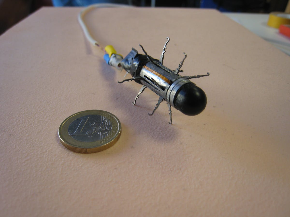 FIGURE 3. A &apos;mesoscale legged locomotion&apos; design consisted of appendages to allow a robotic capsule endoscope to traverse the esophageal or gastrointestinal tract; unfortunately, it was not successful and is being replaced by alternative designs.