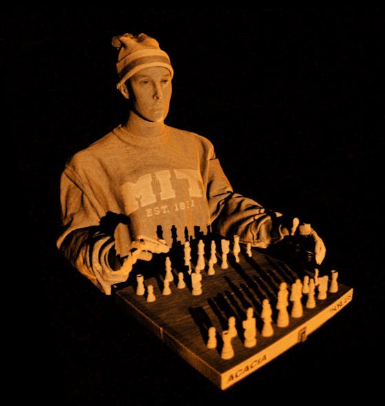 Macro-range OCT produced this full, 3D rendering of a life-size, chess-playing mannequin, consisting of 1000 &times; 1000 &times; 1000 A-scans before scan correction. It is based on 200 gigasamples (raw data) for a volume size of 0.98 m3 and dynamic range of 54 dB; for display, the researchers applied an intensity threshold of about 10 dB above the mean noise floor.