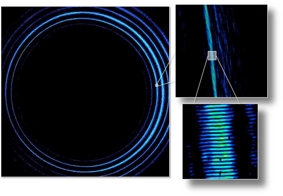 A laser beam in which each photon has an orbital angular momentum (OAM) of 10,010&hbar; has a finely detailed pattern consisting of rings divided into tiny segments; such photons can each potentially carry 10,010 times more information than photons with no OAM. To produce this beam, a spiral phase with a number of discontinuities was added to the beam using a diamond-turned mirror with 125 angular segments.
