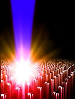 FIGURE 1. The interaction of a femtosecond laser pulse of relativistic intensity with an array of aligned nanowires creates an ultrahigh-energy density (UHED) plasma. FIGURE 1. The interaction of a femtosecond laser pulse of relativistic intensity with an array of aligned nanowires creates an ultrahigh-energy density (UHED) plasma.