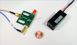 FIGURE 2. The evaluation board of a SensL C-Series silicon photomultiplier shows miniaturization (left); the actual sensor is the 1 mm2 component (arrow). A Hamamatsu head-on metal-package photomultiplier tube module includes a high-voltage power supply circuit (right).