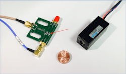FIGURE 2. The evaluation board of a SensL C-Series silicon photomultiplier shows miniaturization (left); the actual sensor is the 1 mm2 component (arrow). A Hamamatsu head-on metal-package photomultiplier tube module includes a high-voltage power supply circuit (right). FIGURE 2. The evaluation board of a SensL C-Series silicon photomultiplier shows miniaturization (left); the actual sensor is the 1 mm2 component (arrow). A Hamamatsu head-on metal-package photomultiplier tube module includes a high-voltage power supply circuit (right).