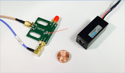FIGURE 2. The evaluation board of a SensL C-Series silicon photomultiplier shows miniaturization (left); the actual sensor is the 1 mm2 component (arrow). A Hamamatsu head-on metal-package photomultiplier tube module includes a high-voltage power supply circuit (right). FIGURE 2. The evaluation board of a SensL C-Series silicon photomultiplier shows miniaturization (left); the actual sensor is the 1 mm2 component (arrow). A Hamamatsu head-on metal-package photomultiplier tube module includes a high-voltage power supply circuit (right).