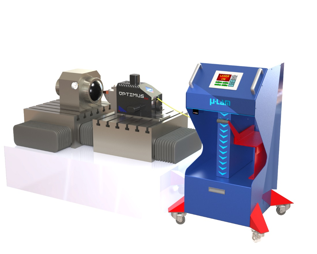 FIGURE 1. The Optimus T+1 and laser control station retrofitted on to an ultra-precision lathe; the current setup shows the system in position to machine a convex Si diffractive lens.
