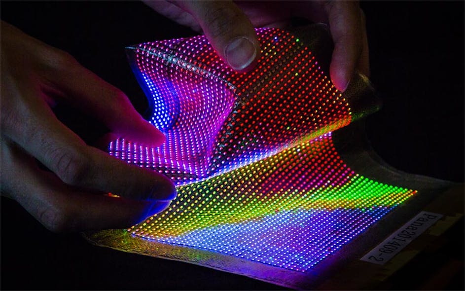 FIGURE 1. A microLED panel shows how the tiny, closely spaced pixels can be integrated into flexible materials for personal wearable displays.
